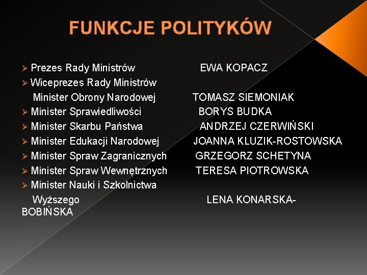 FUNKCJE POLITYKÓW Ø Prezes Rady Ministrów EWA KOPACZ Ø Wiceprezes Rady Ministrów Minister Obrony