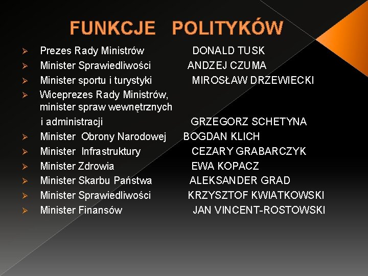 FUNKCJE POLITYKÓW Prezes Rady Ministrów DONALD TUSK Ø Minister Sprawiedliwości ANDZEJ CZUMA Ø Minister