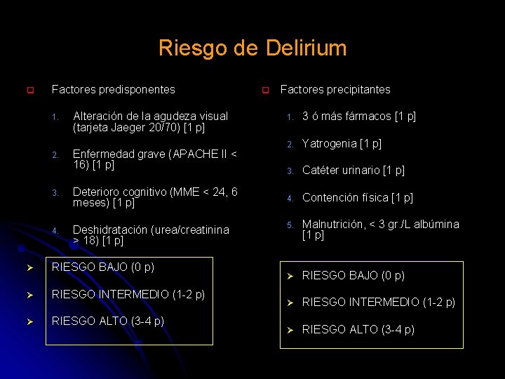 Riesgo de Delirium Factores predisponentes 1. 2. Alteración de la agudeza visual (tarjeta Jaeger
