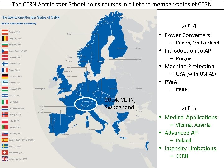 The CERN Accelerator School holds courses in all of the member states of CERN