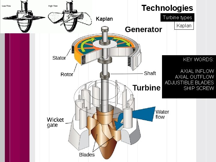 Technologies Kaplan Turbine types Kaplan KEY WORDS: AXIAL INFLOW AXIAL OUTFLOW ADJUSTIBLE BLADES SHIP