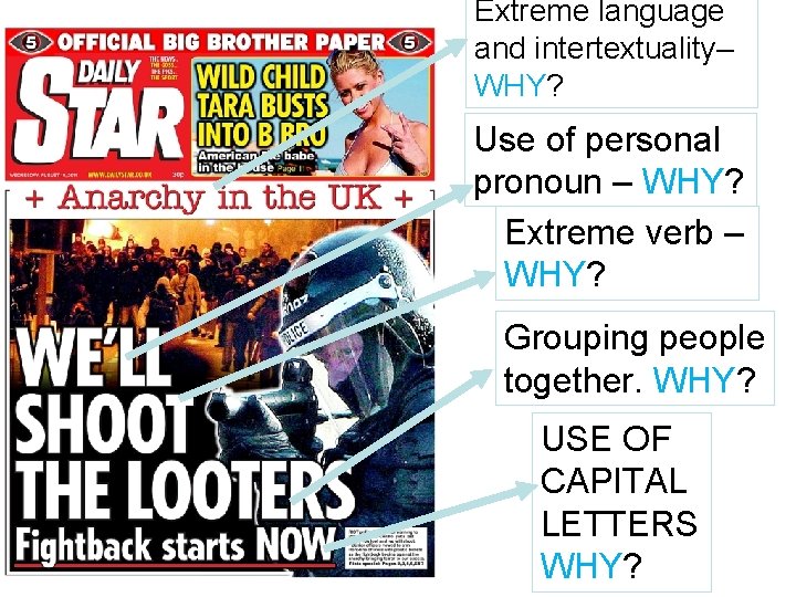 Extreme language and intertextuality– WHY? Use of personal pronoun – WHY? Extreme verb –