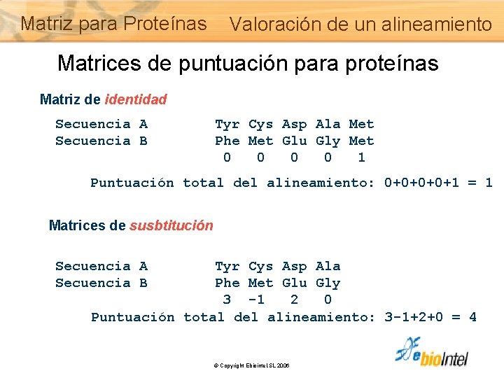 Matriz para Proteínas Valoración de un alineamiento Matrices de puntuación para proteínas Matriz de