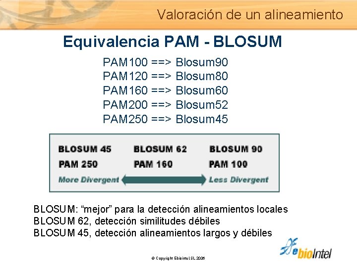 Valoración de un alineamiento Equivalencia PAM - BLOSUM PAM 100 ==> Blosum 90 PAM
