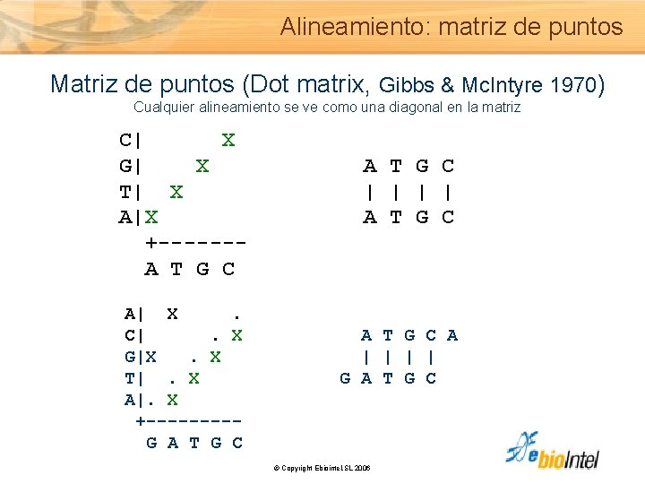 Alineamiento: matriz de puntos Matriz de puntos (Dot matrix, Gibbs & Mc. Intyre 1970)