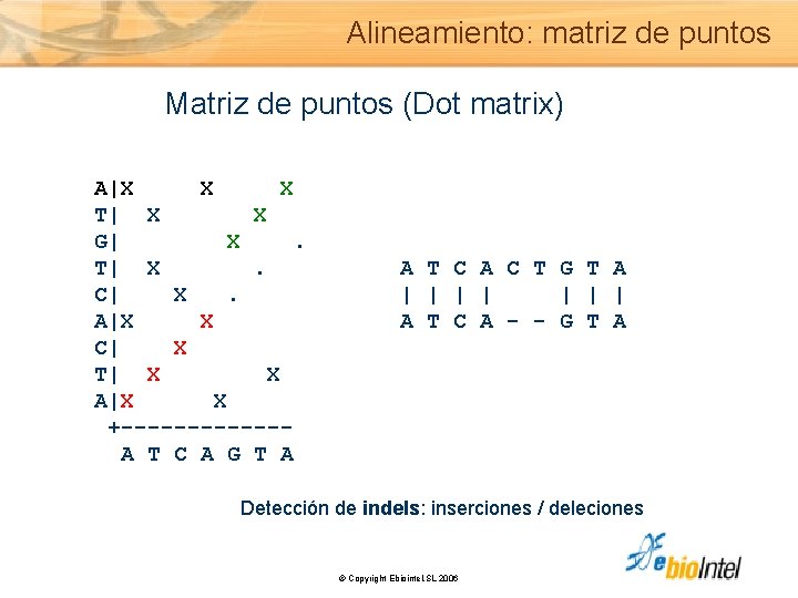 Alineamiento: matriz de puntos Matriz de puntos (Dot matrix) A|X X X T| X