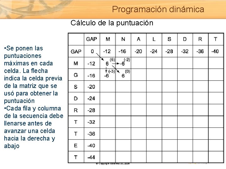 Programación dinámica Cálculo de la puntuación • Se ponen las puntuaciones máximas en cada