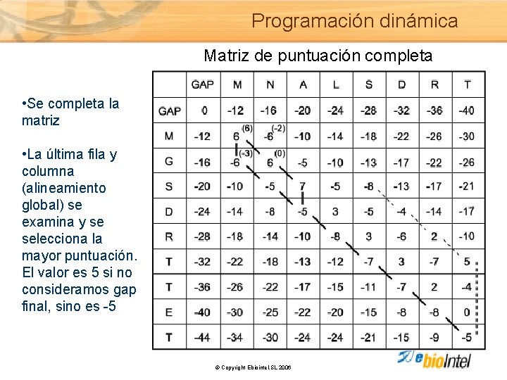 Programación dinámica Matriz de puntuación completa • Se completa la matriz • La última