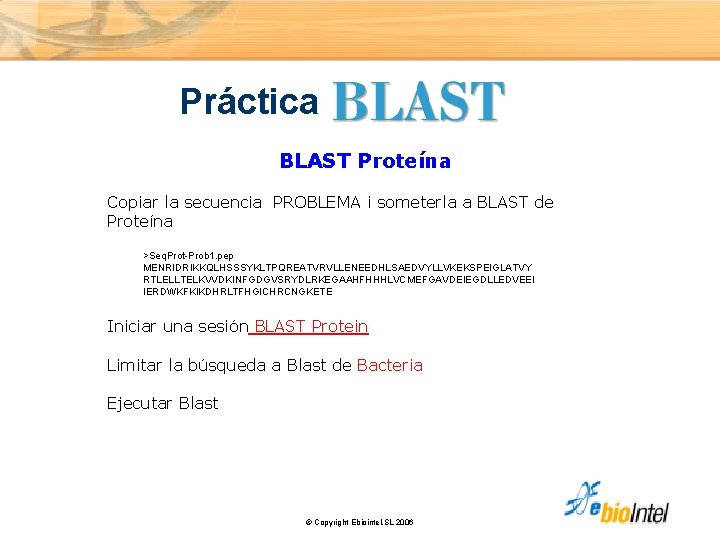 Práctica BLAST Proteína Copiar la secuencia PROBLEMA i someterla a BLAST de Proteína >Seq.
