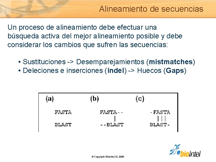 Alineamiento de secuencias Un proceso de alineamiento debe efectuar una búsqueda activa del mejor