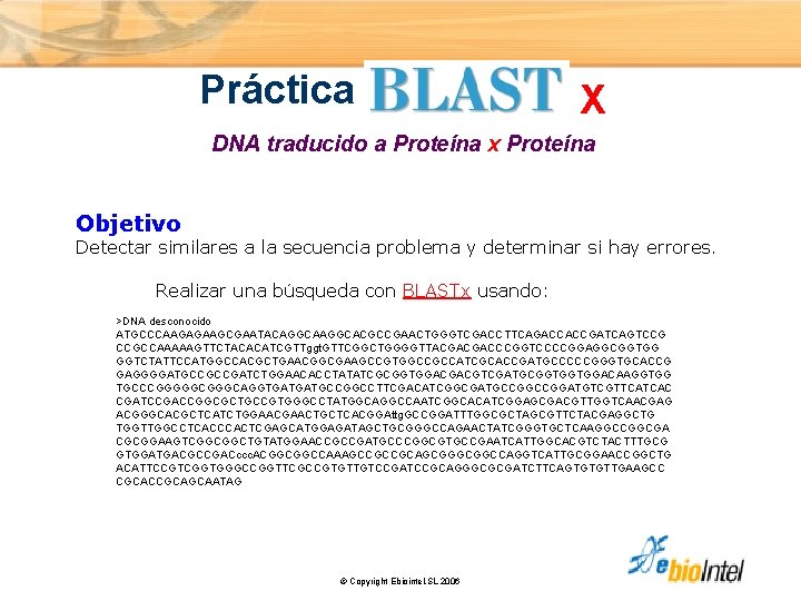 Práctica X DNA traducido a Proteína x Proteína Objetivo Detectar similares a la secuencia