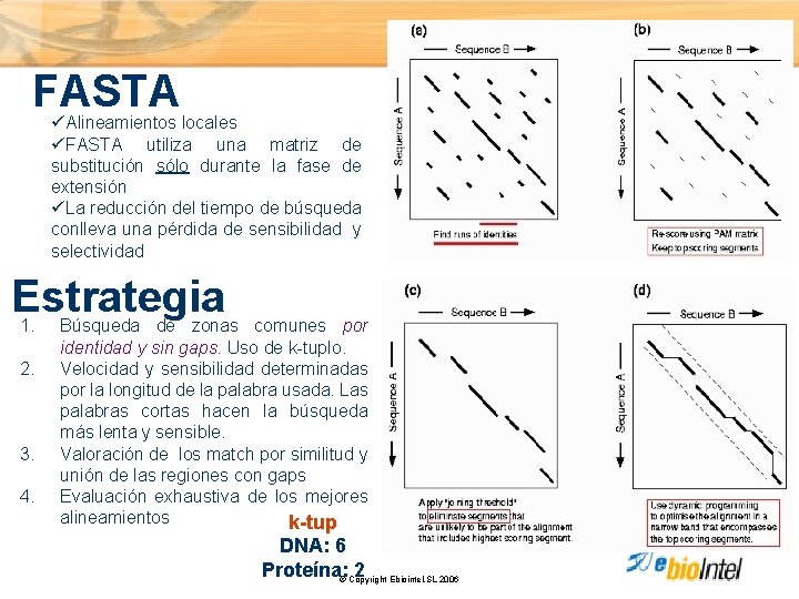 FASTA ü Alineamientos locales üFASTA utiliza una matriz de substitución sólo durante la fase