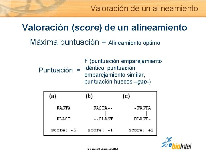 Valoración de un alineamiento Valoración (score) de un alineamiento Máxima puntuación = Alineamiento óptimo