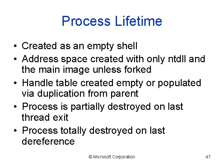 Process Lifetime • Created as an empty shell • Address space created with only