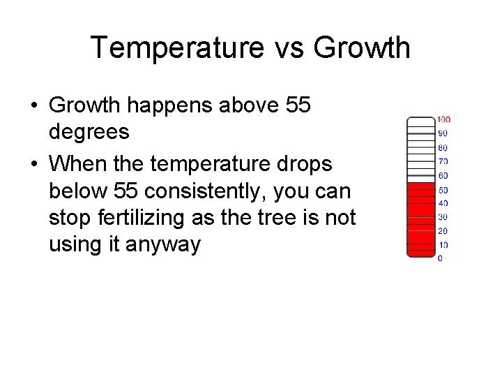 Temperature vs Growth • Growth happens above 55 degrees • When the temperature drops