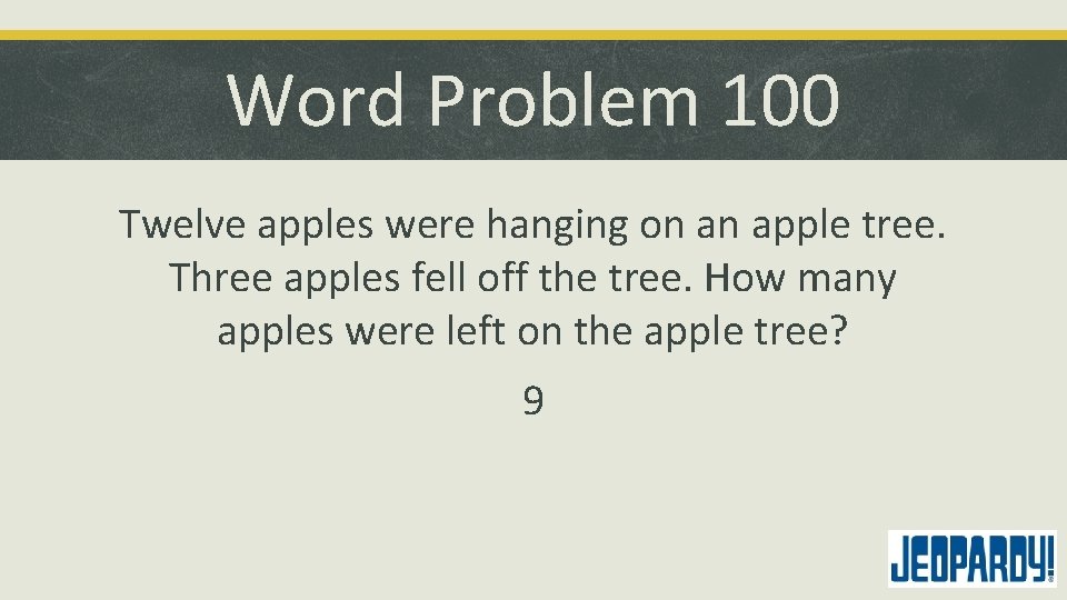 Word Problem 100 Twelve apples were hanging on an apple tree. Three apples fell