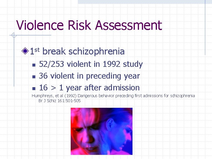 Violence Risk Assessment 1 st break schizophrenia n n n 52/253 violent in 1992
