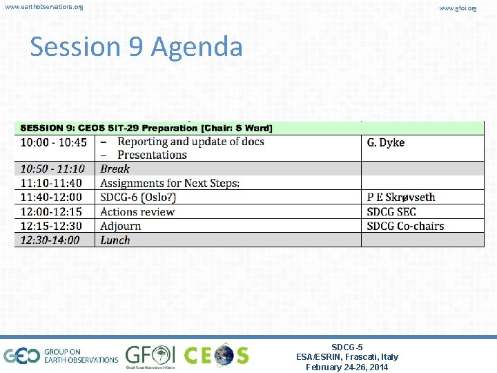 www. earthobservations. org www. gfoi. org Session 9 Agenda SDCG-5 ESA/ESRIN, Frascati, Italy February