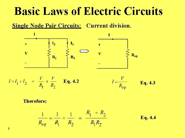 Basic Laws of Electric Circuits Single Node Pair Circuits: Current division. Eq. 4. 2