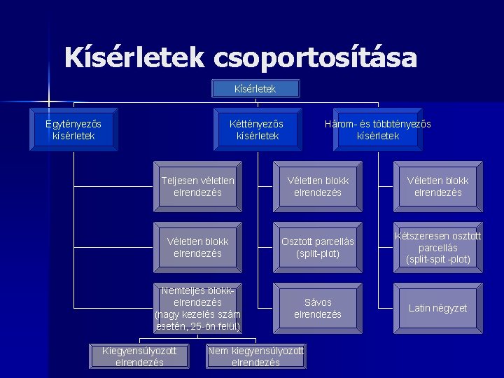 Kísérletek csoportosítása Kísérletek Egytényezős kísérletek Kéttényezős kísérletek Három- és többtényezős kísérletek Teljesen véletlen elrendezés