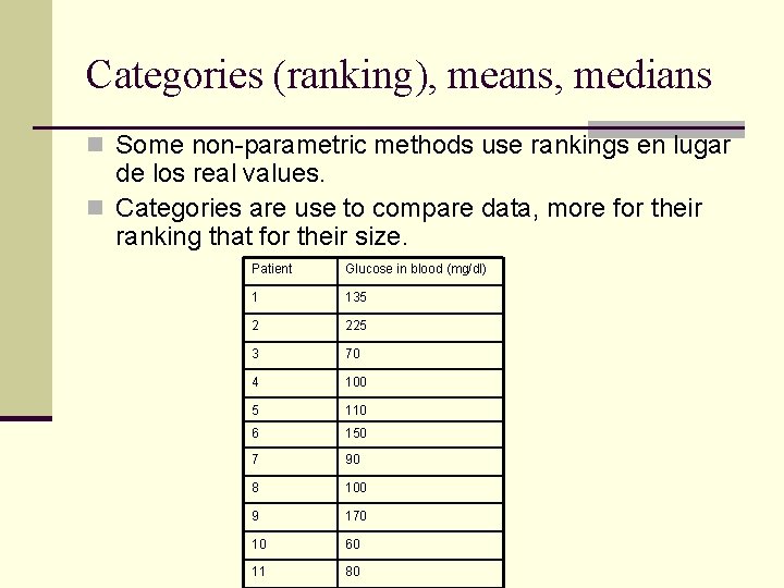 Categories (ranking), means, medians n Some non-parametric methods use rankings en lugar de los
