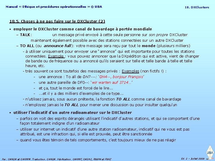 Manuel « Ethique et procédures opérationnelles » © UBA 18. DXClusters 18. 5. Choses