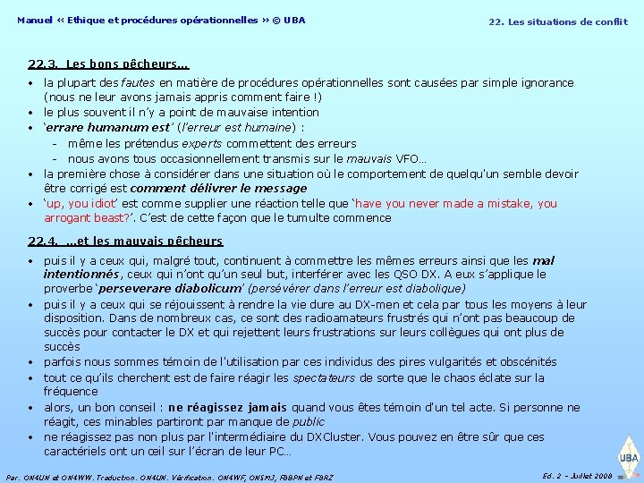 Manuel « Ethique et procédures opérationnelles » © UBA 22. Les situations de conflit