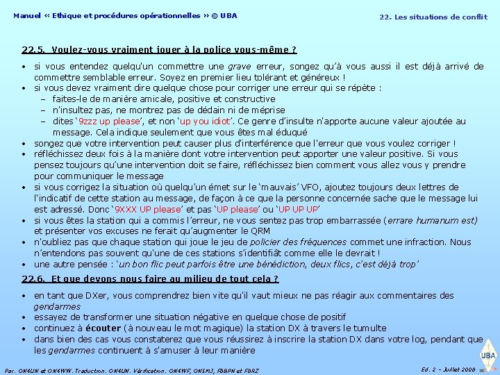 Manuel « Ethique et procédures opérationnelles » © UBA 22. Les situations de conflit