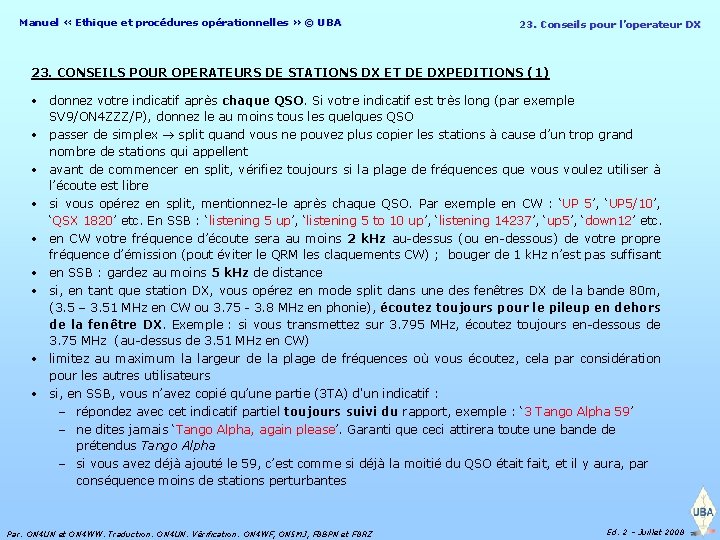 Manuel « Ethique et procédures opérationnelles » © UBA 23. Conseils pour l’operateur DX
