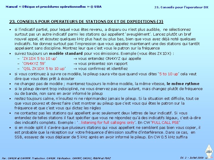 Manuel « Ethique et procédures opérationnelles » © UBA 23. Conseils pour l’operateur DX