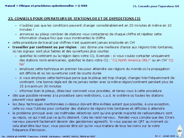 Manuel « Ethique et procédures opérationnelles » © UBA 23. Conseils pour l’operateur DX