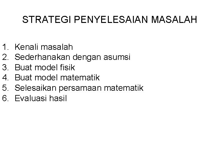 STRATEGI PENYELESAIAN MASALAH 1. 2. 3. 4. 5. 6. Kenali masalah Sederhanakan dengan asumsi