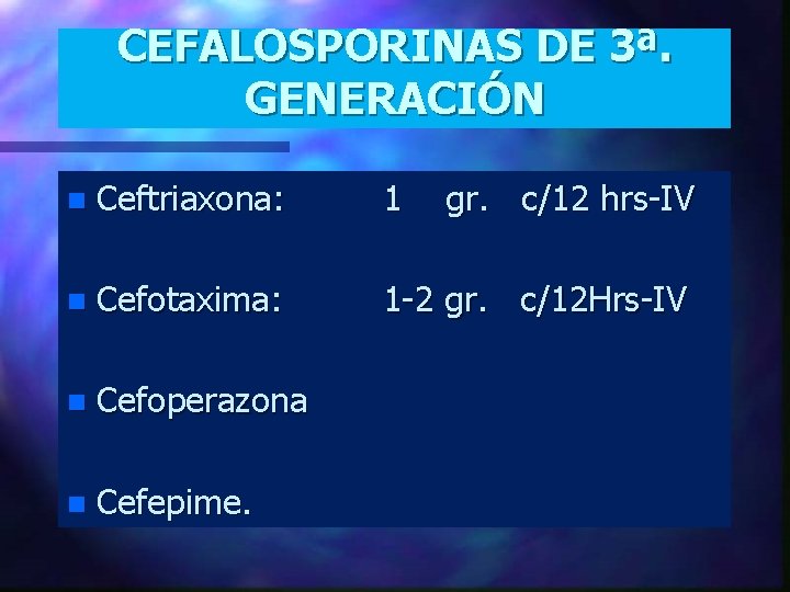 CEFALOSPORINAS DE 3ª. GENERACIÓN n Ceftriaxona: 1 gr. c/12 hrs-IV n Cefotaxima: 1 -2