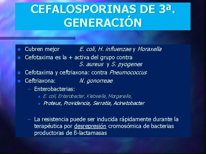 CEFALOSPORINAS DE 3ª. Tercera generación GENERACIÓN n n Cubren mejor E. coli, H. influenzae