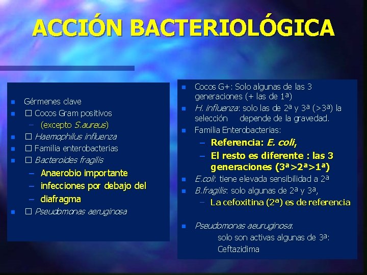 ACCIÓN BACTERIOLÓGICA n n n Gérmenes clave � Cocos Gram positivos – (excepto S.