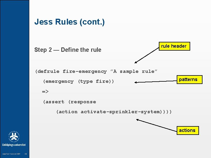 Jess Rules (cont. ) Step 2 — Define the rule header (defrule fire-emergency ”A