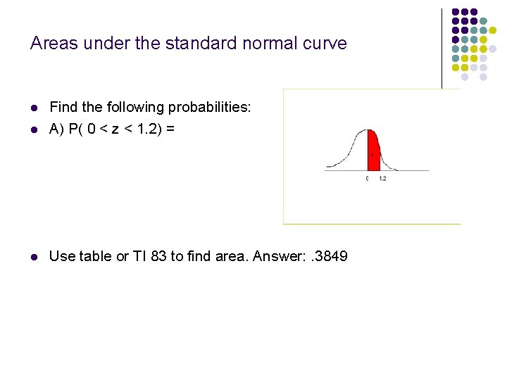 Areas under the standard normal curve l Find the following probabilities: A) P( 0