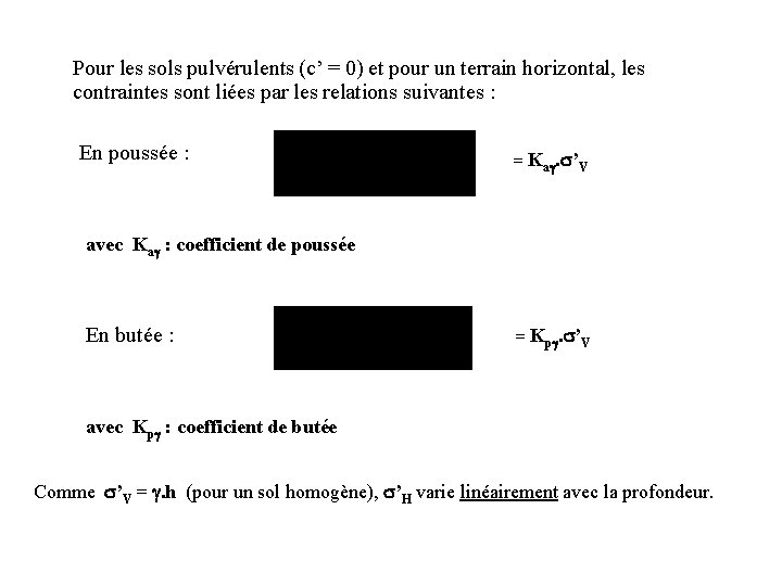 Pour les sols pulvérulents (c’ = 0) et pour un terrain horizontal, les contraintes