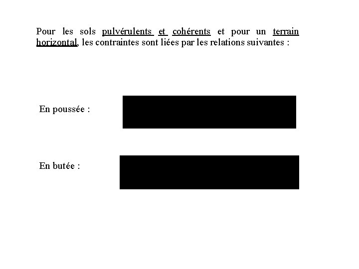 Pour les sols pulvérulents et cohérents et pour un terrain horizontal, les contraintes sont