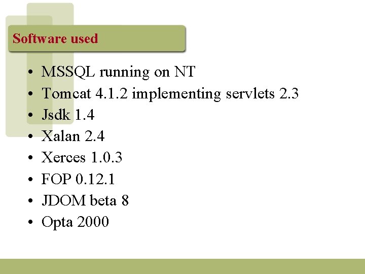 Software used • • MSSQL running on NT Tomcat 4. 1. 2 implementing servlets