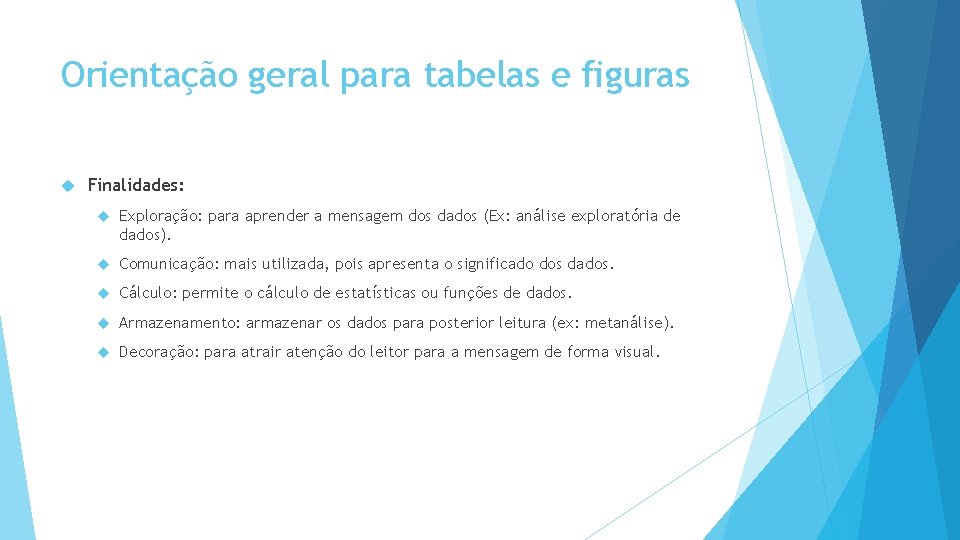 Orientação geral para tabelas e figuras Finalidades: Exploração: para aprender a mensagem dos dados