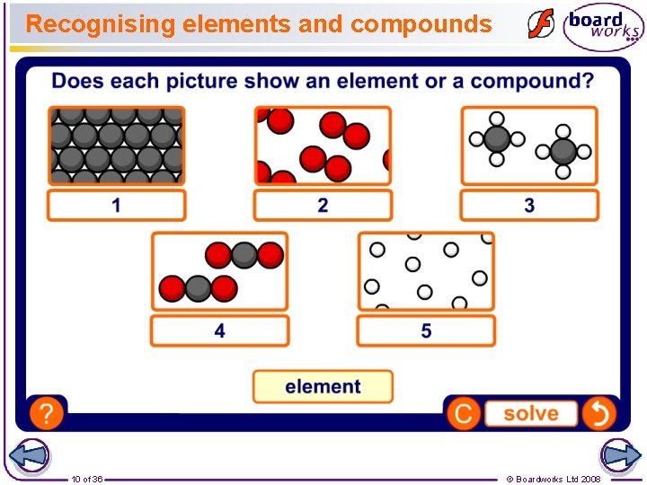 Recognising elements and compounds 10 of 36 © Boardworks Ltd 2008 