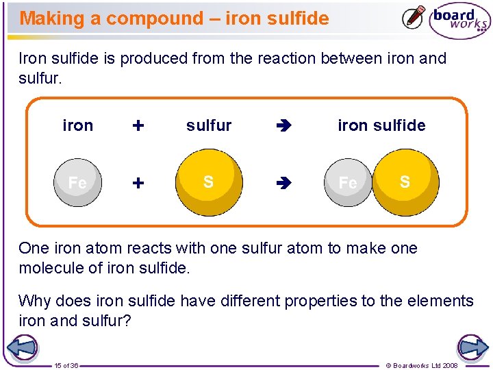 Making a compound – iron sulfide Iron sulfide is produced from the reaction between