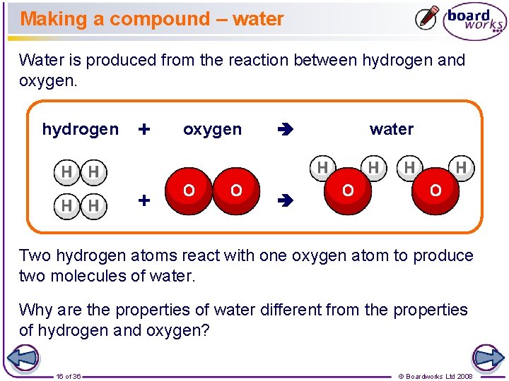 Making a compound – water Water is produced from the reaction between hydrogen and