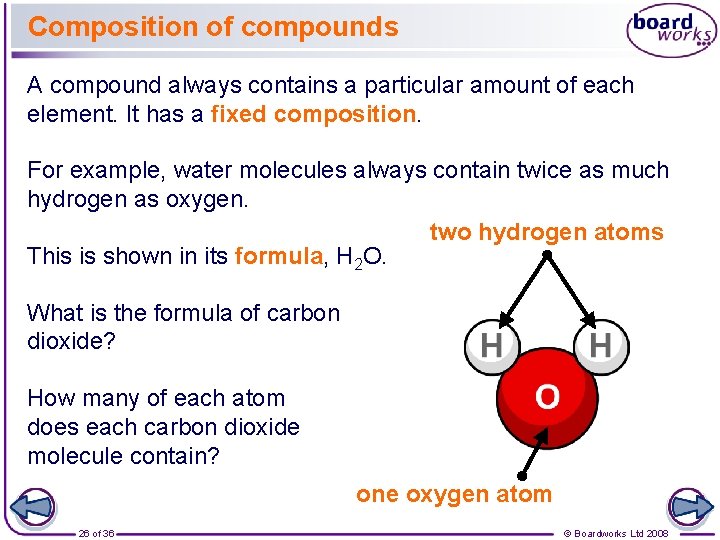 Composition of compounds A compound always contains a particular amount of each element. It