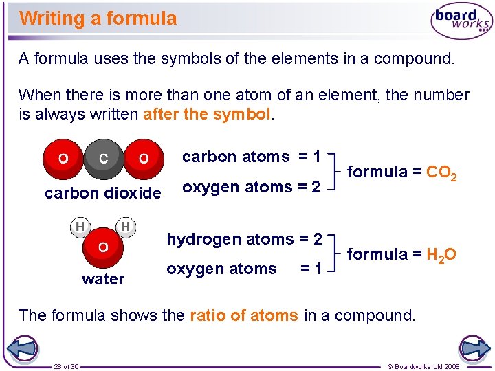 Writing a formula A formula uses the symbols of the elements in a compound.