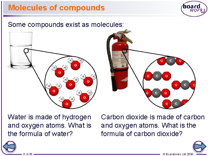 Molecules of compounds Some compounds exist as molecules: Water is made of hydrogen and
