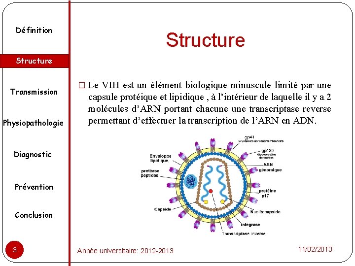 Définition Structure Transmission Physiopathologie � Le VIH est un élément biologique minuscule limité par