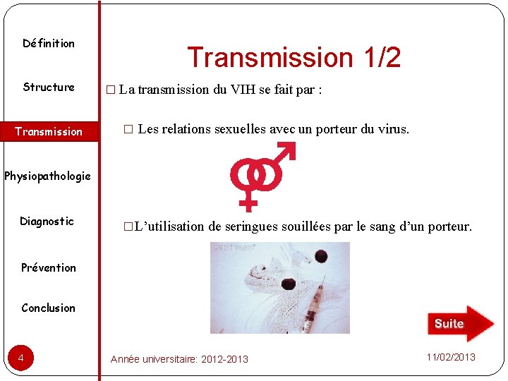 Définition Structure Transmission 1/2 � La transmission du VIH se fait par : �