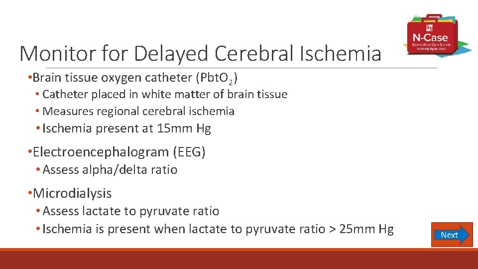 Monitor for Delayed Cerebral Ischemia • Brain tissue oxygen catheter (Pbt. O 2) •